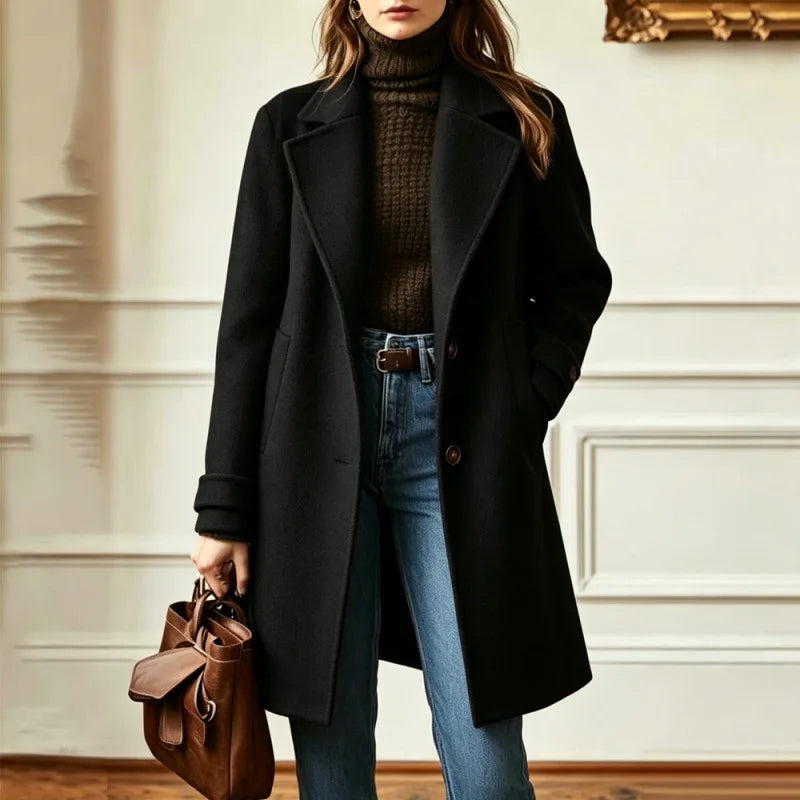 Wool Blend Trench Coat Women's Camel Mid-Length Lapel Overcoat – Office, Casual, Autumn Winter Gift