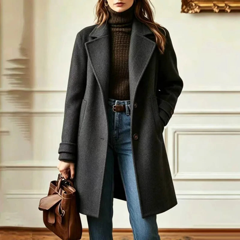 Wool Blend Trench Coat Women's Camel Mid-Length Lapel Overcoat – Office, Casual, Autumn Winter Gift