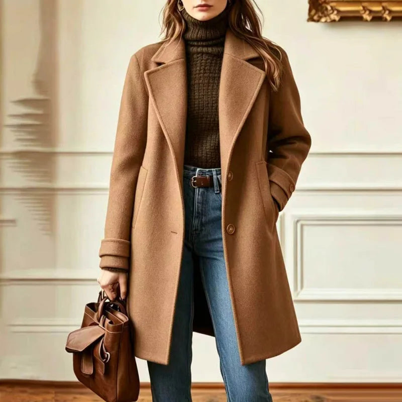 Wool Blend Trench Coat Women's Camel Mid-Length Lapel Overcoat – Office, Casual, Autumn Winter Gift