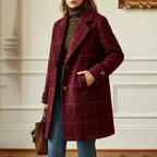 Wool Coat Green Check Women's Mid-Length Lapel Overcoat – Casual, Office, Autumn Winter, Gift