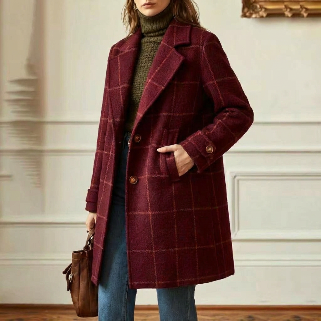 Wool Coat Green Check Women's Mid-Length Lapel Overcoat – Casual, Office, Autumn Winter, Gift
