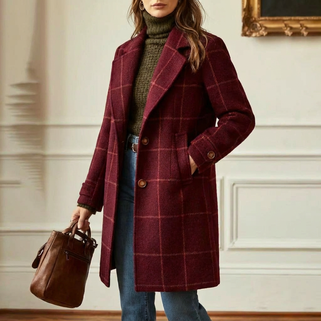 Wool Coat Green Check Women's Mid-Length Lapel Overcoat – Casual, Office, Autumn Winter, Gift