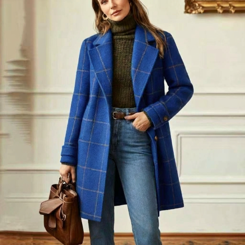 Wool Coat Green Check Women's Mid-Length Lapel Overcoat – Casual, Office, Autumn Winter, Gift
