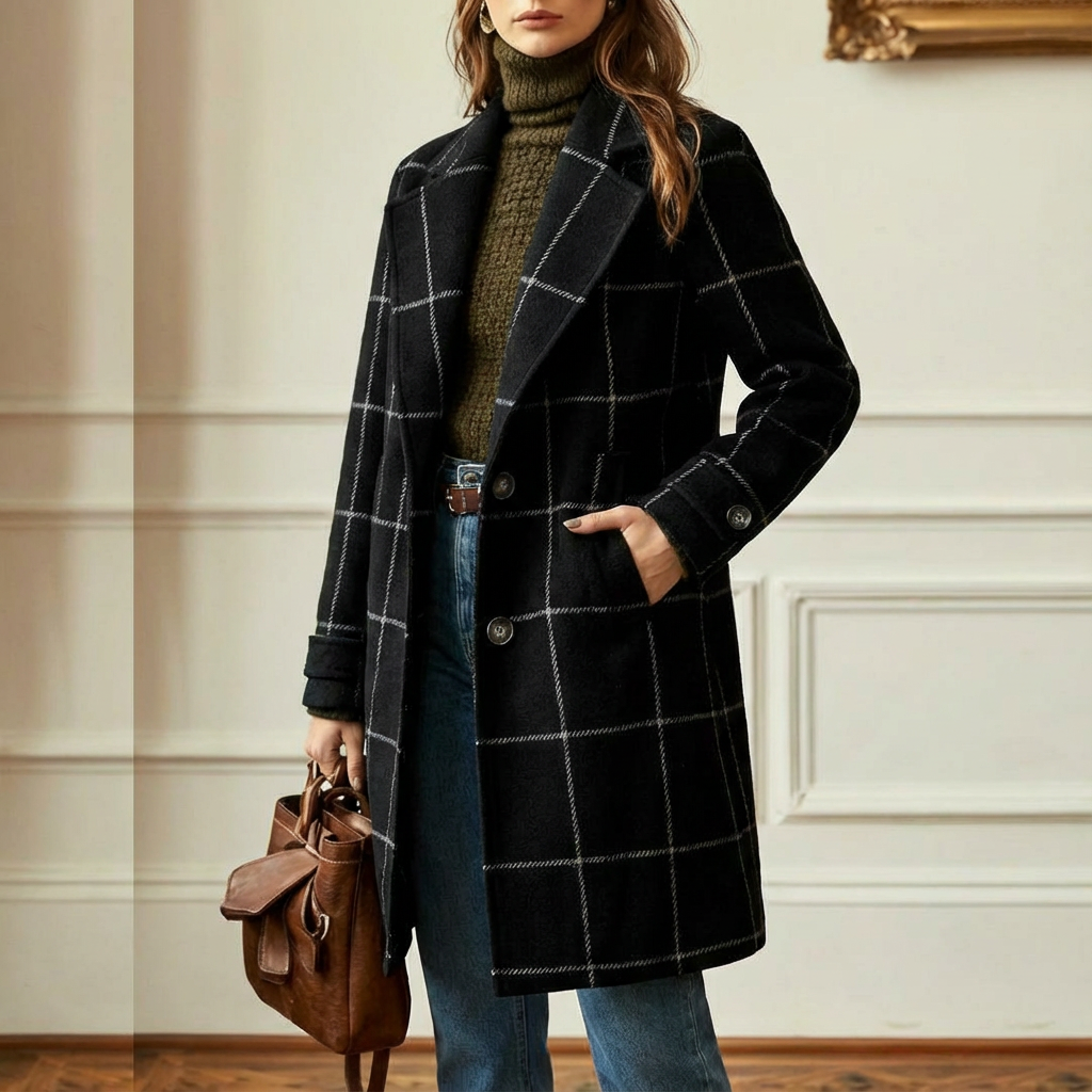 Wool Coat Green Check Women's Mid-Length Lapel Overcoat – Casual, Office, Autumn Winter, Gift