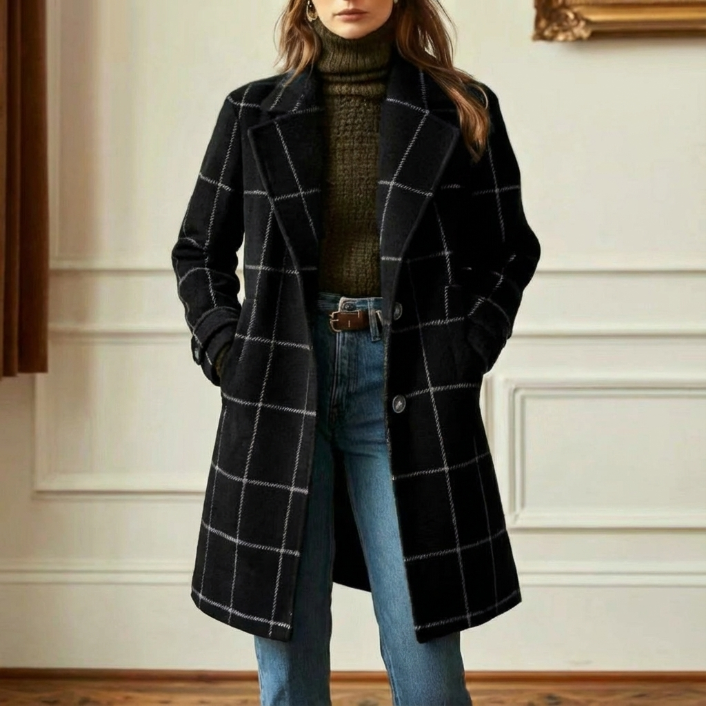 Wool Coat Green Check Women's Mid-Length Lapel Overcoat – Casual, Office, Autumn Winter, Gift