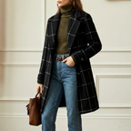 Wool Coat Green Check Women's Mid-Length Lapel Overcoat – Casual, Office, Autumn Winter, Gift