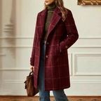 Wool Coat Green Check Women's Mid-Length Lapel Overcoat – Casual, Office, Autumn Winter, Gift