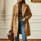 Wool Coat Green Check Women's Mid-Length Lapel Overcoat – Casual, Office, Autumn Winter, Gift