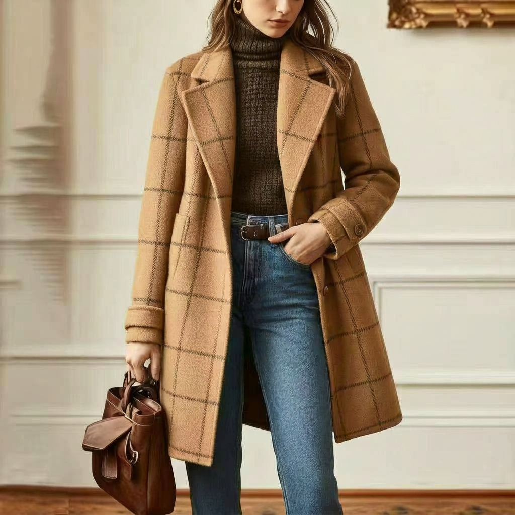 Wool Coat Green Check Women's Mid-Length Lapel Overcoat – Casual, Office, Autumn Winter, Gift