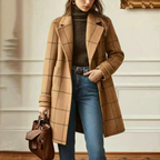 Wool Coat Green Check Women's Mid-Length Lapel Overcoat – Casual, Office, Autumn Winter, Gift