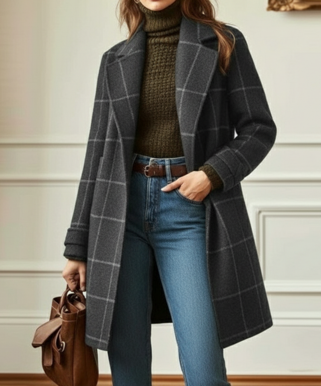 Wool Coat Green Check Women's Mid-Length Lapel Overcoat – Casual, Office, Autumn Winter, Gift