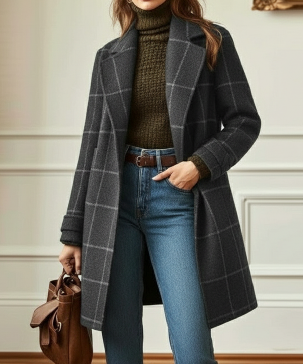 Wool Coat Green Check Women's Mid-Length Lapel Overcoat – Casual, Office, Autumn Winter, Gift