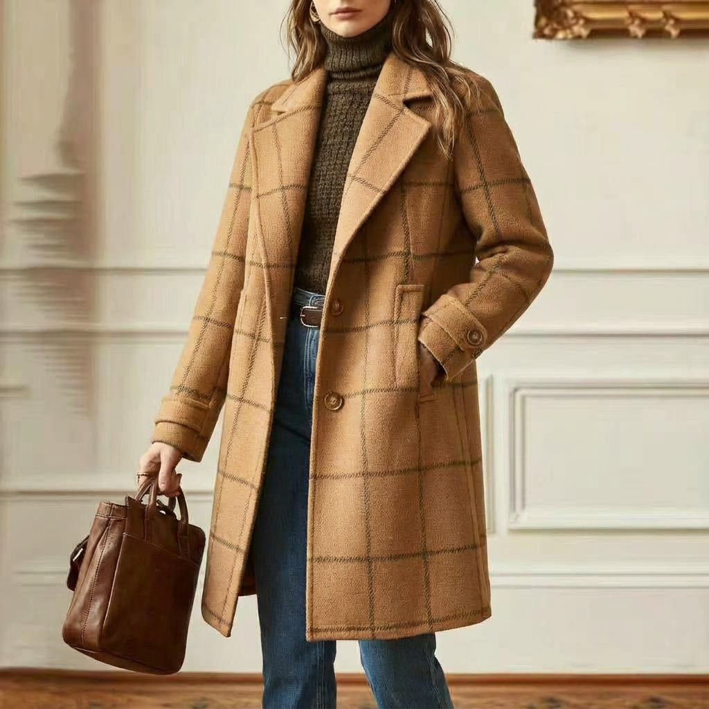 Wool Coat Green Check Women's Mid-Length Lapel Overcoat – Casual, Office, Autumn Winter, Gift