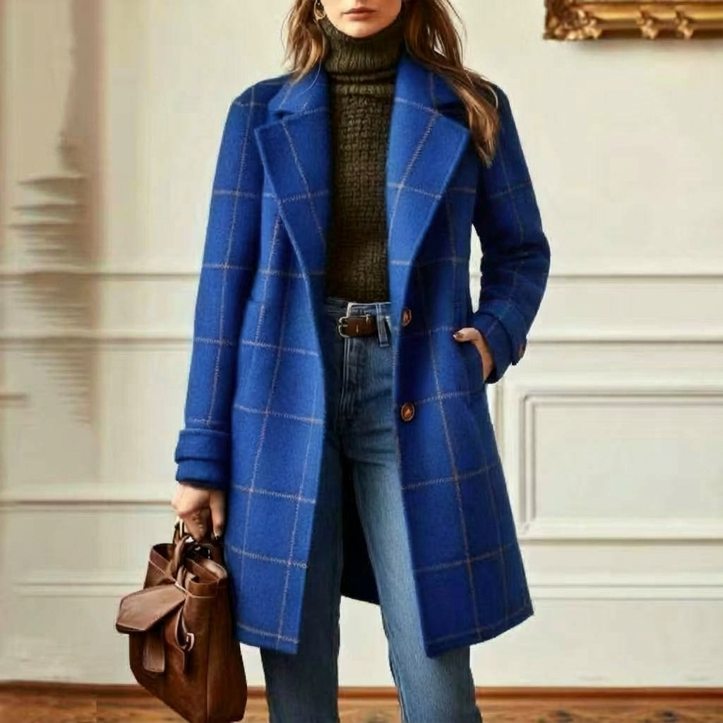 Wool Coat Green Check Women's Mid-Length Lapel Overcoat – Casual, Office, Autumn Winter, Gift