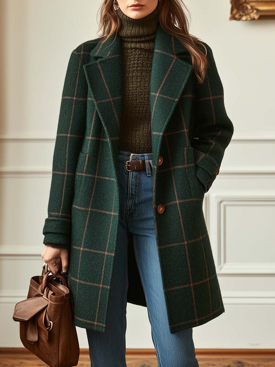 Wool Coat Green Check Women's Mid-Length Lapel Overcoat – Casual, Office, Autumn Winter, Gift