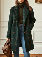 Wool Coat Green Check Women's Mid-Length Lapel Overcoat – Casual, Office, Autumn Winter, Gift