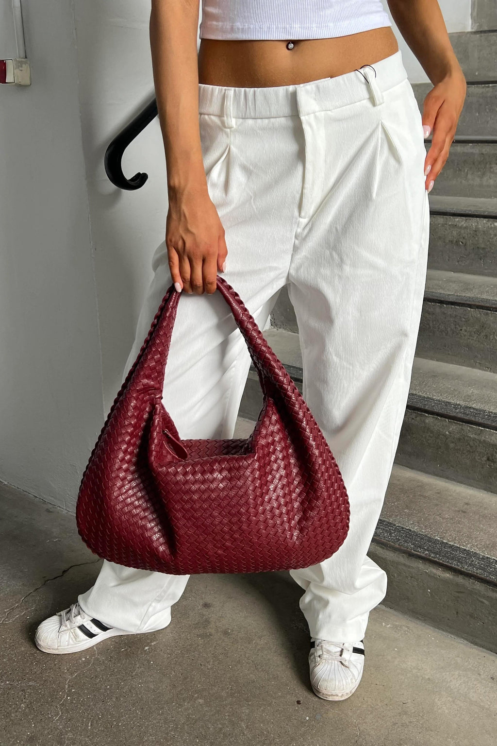 Woven Leather Hobo Bag Burgundy Large Women's Shoulder Tote – Casual, Office, Everyday, Gift