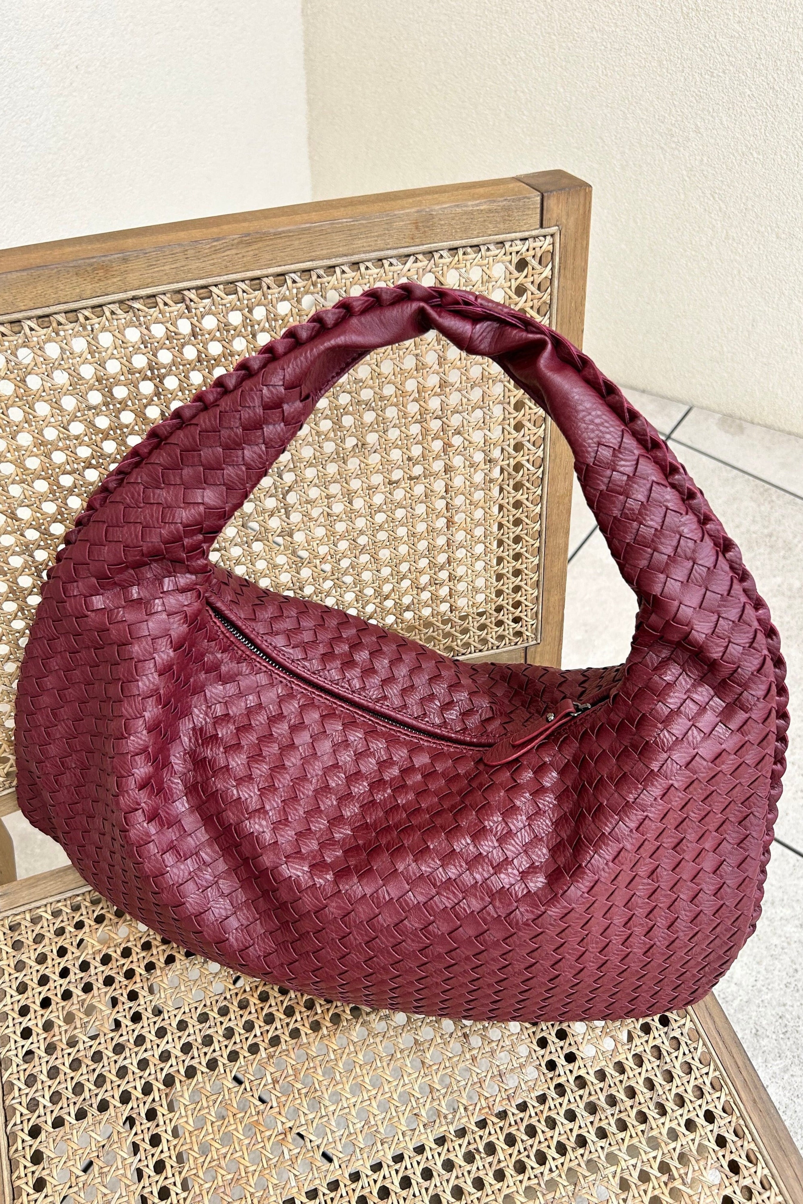 Woven Leather Hobo Bag Burgundy Large Women's Shoulder Tote – Casual, Office, Everyday, Gift
