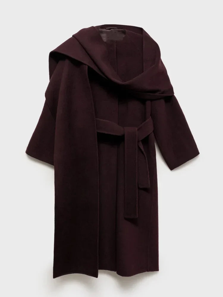 Wrap Coat Wool Blend Bordeaux Women's Longline Overcoat – Casual, Office, Autumn Winter Outerwear