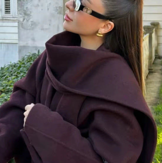 Wrap Coat Wool Blend Bordeaux Women's Longline Overcoat – Casual, Office, Autumn Winter Outerwear