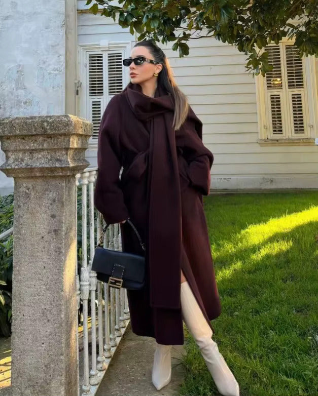 Wrap Coat Wool Blend Bordeaux Women's Longline Overcoat – Casual, Office, Autumn Winter Outerwear