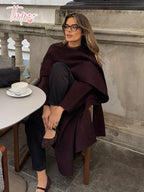 Wrap Coat Wool Blend Bordeaux Women's Longline Overcoat – Casual, Office, Autumn Winter Outerwear