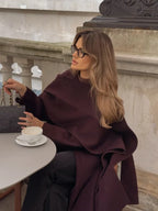 Wrap Coat Wool Blend Bordeaux Women's Longline Overcoat – Casual, Office, Autumn Winter Outerwear