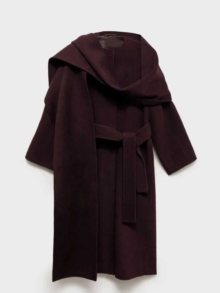 Wrap Coat Wool Blend Bordeaux Women's Longline Overcoat – Casual, Office, Autumn Winter Outerwear