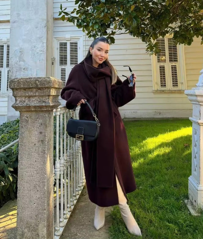 Wrap Coat Wool Blend Bordeaux Women's Longline Overcoat – Casual, Office, Autumn Winter Outerwear