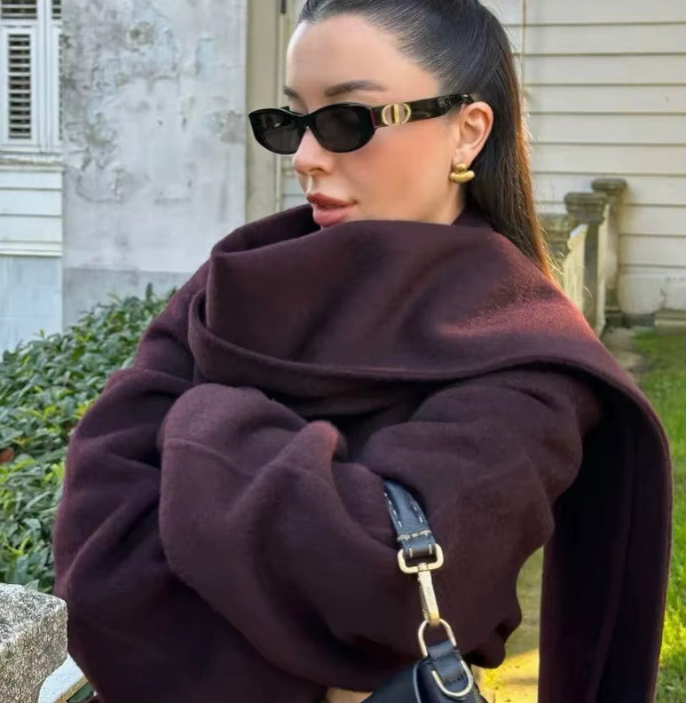 Wrap Coat Wool Blend Bordeaux Women's Longline Overcoat – Casual, Office, Autumn Winter Outerwear