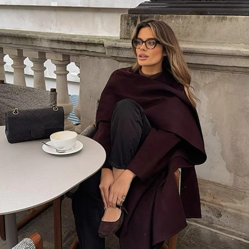 Wrap Coat Wool Blend Bordeaux Women's Longline Overcoat – Casual, Office, Autumn Winter Outerwear