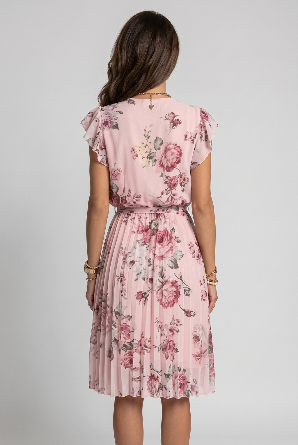 Wrap Dress Pink Floral Chiffon Women's Pleated V-Neck Midi – Casual, Holiday, Office, Gift