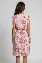 Wrap Dress Pink Floral Chiffon Women's Pleated V-Neck Midi – Casual, Holiday, Office, Gift