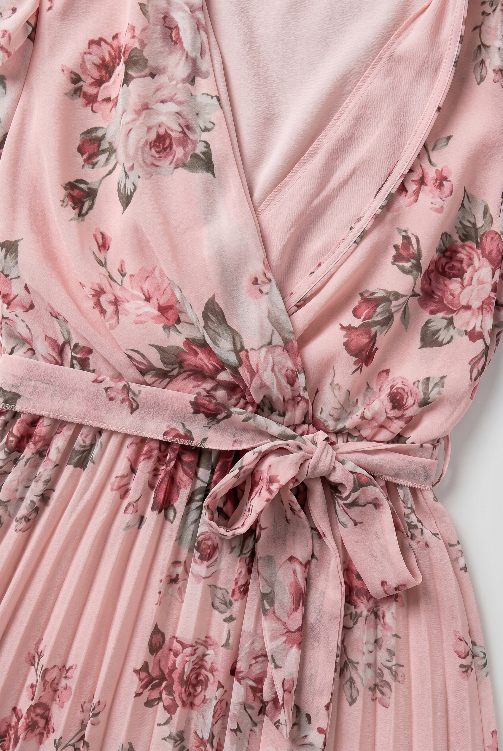 Wrap Dress Pink Floral Chiffon Women's Pleated V-Neck Midi – Casual, Holiday, Office, Gift