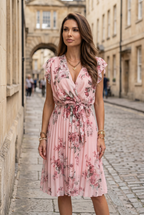 Wrap Dress Pink Floral Chiffon Women's Pleated V-Neck Midi – Casual, Holiday, Office, Gift