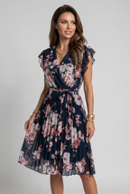 Wrap Dress Pink Floral Chiffon Women's Pleated V-Neck Midi – Casual, Holiday, Office, Gift