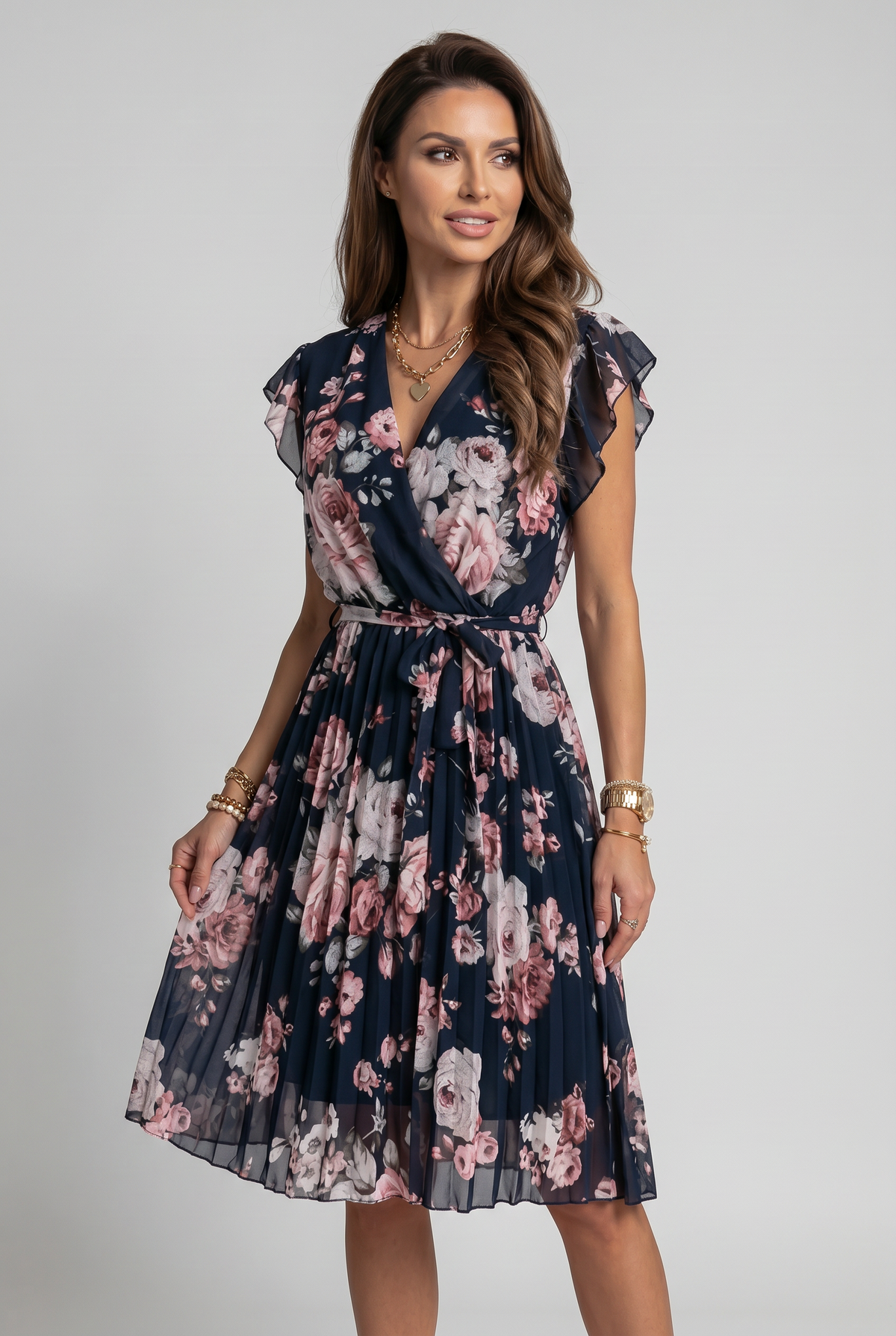 Wrap Dress Pink Floral Chiffon Women's Pleated V-Neck Midi – Casual, Holiday, Office, Gift