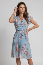 Wrap Dress Pink Floral Chiffon Women's Pleated V-Neck Midi – Casual, Holiday, Office, Gift