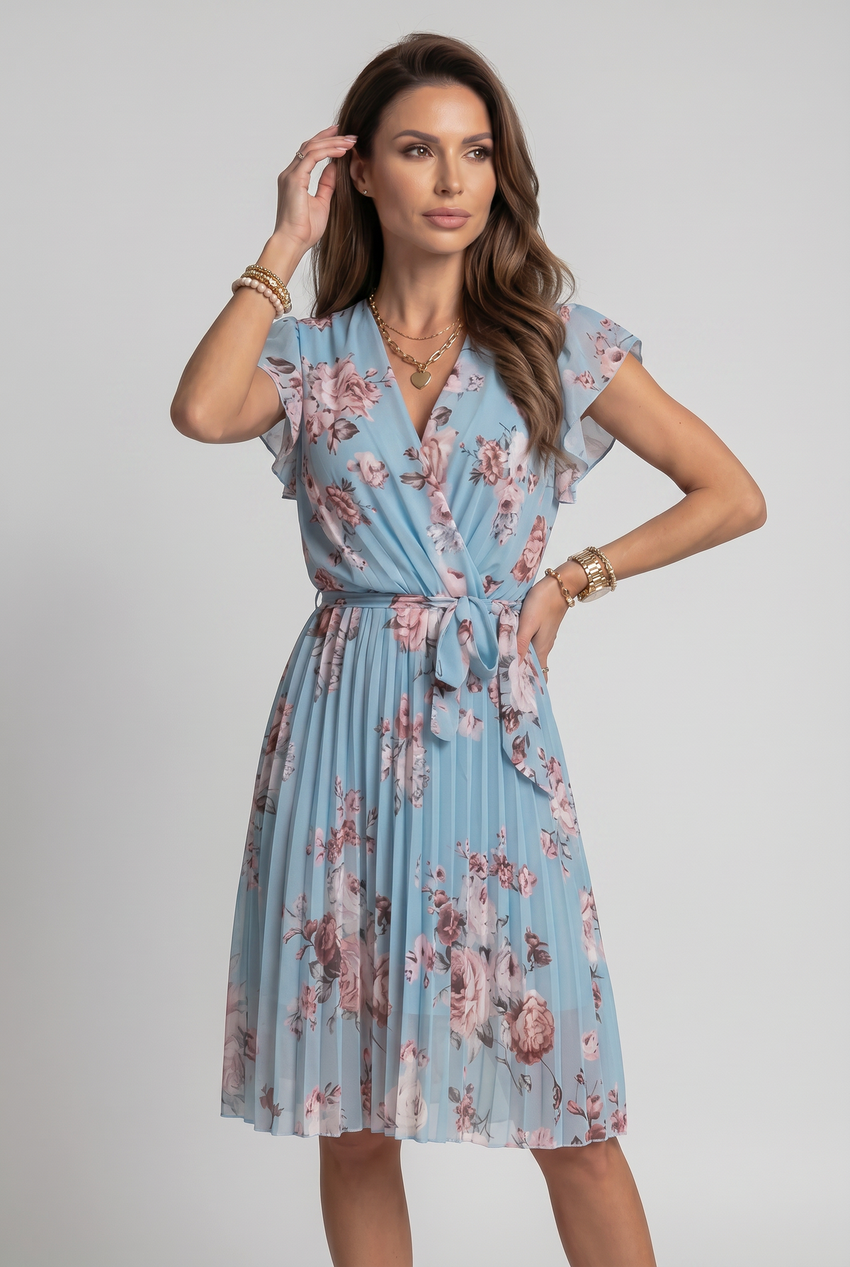 Wrap Dress Pink Floral Chiffon Women's Pleated V-Neck Midi – Casual, Holiday, Office, Gift