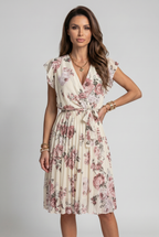 Wrap Dress Pink Floral Chiffon Women's Pleated V-Neck Midi – Casual, Holiday, Office, Gift