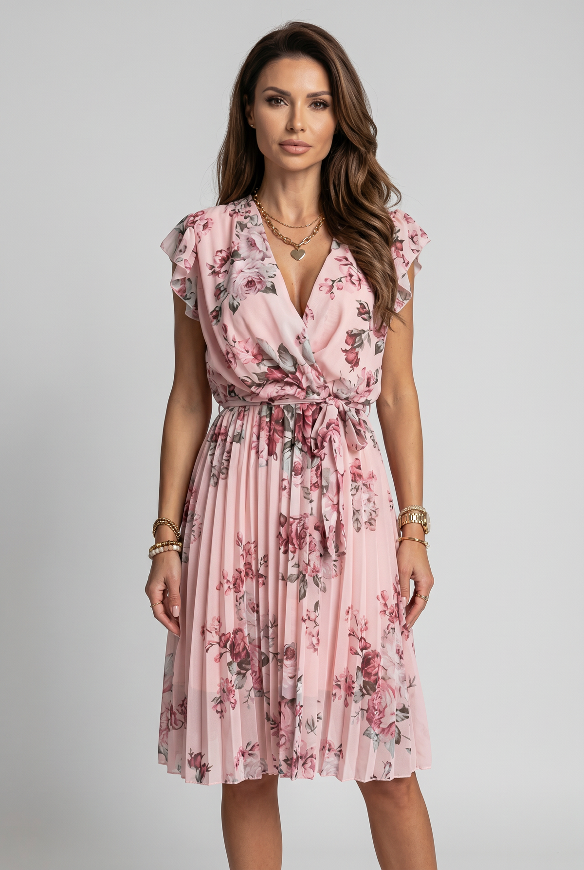 Wrap Dress Pink Floral Chiffon Women's Pleated V-Neck Midi – Casual, Holiday, Office, Gift