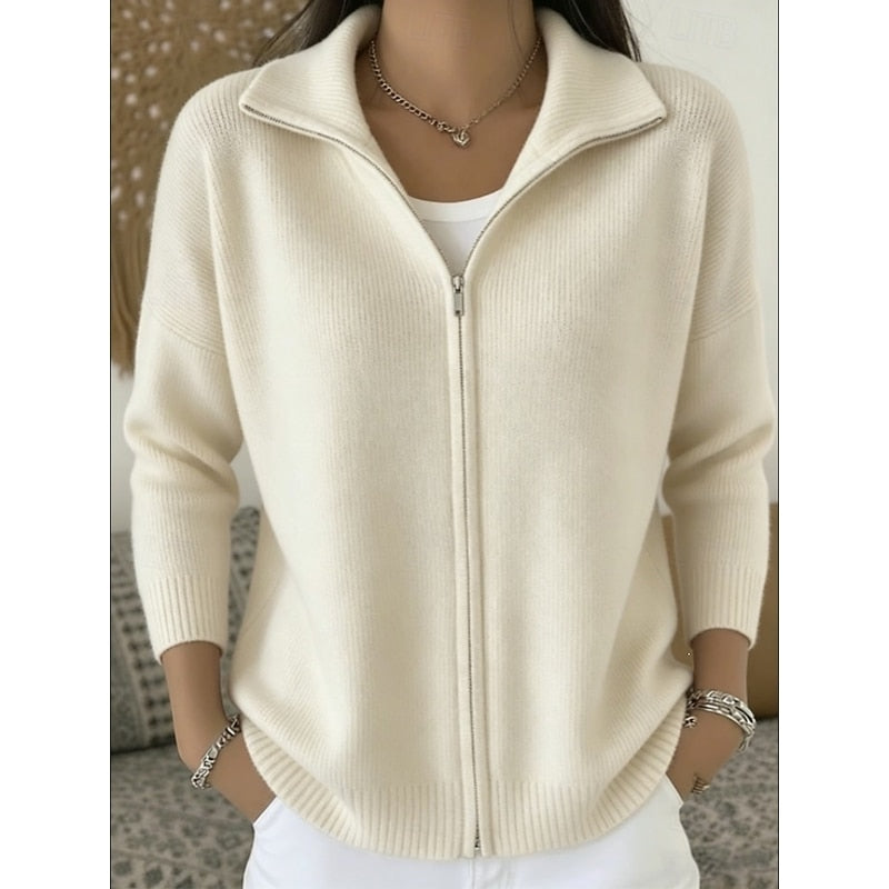 Zip Cardigan Knitted Women's Pink Stand Collar Long Sleeve – Casual, Office Layering Everyday Wear