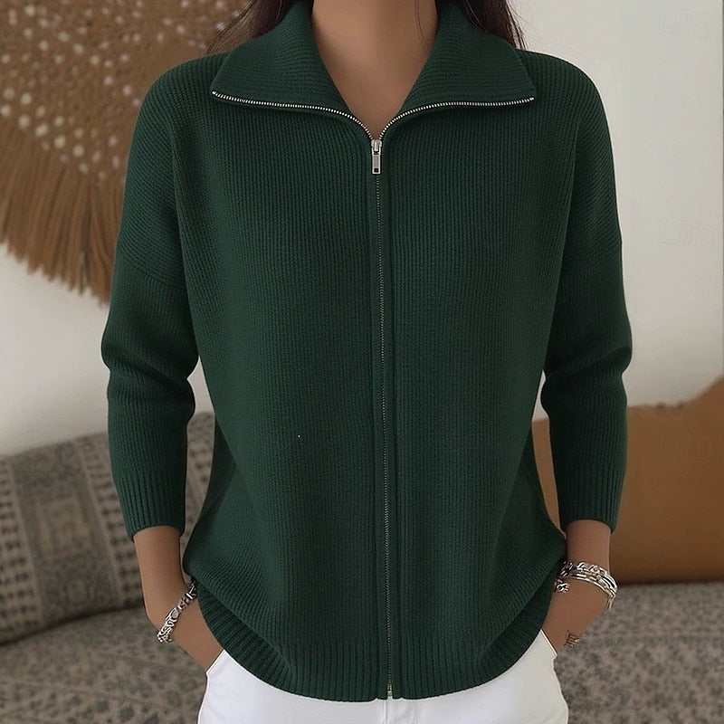 Zip Cardigan Knitted Women's Pink Stand Collar Long Sleeve – Casual, Office Layering Everyday Wear
