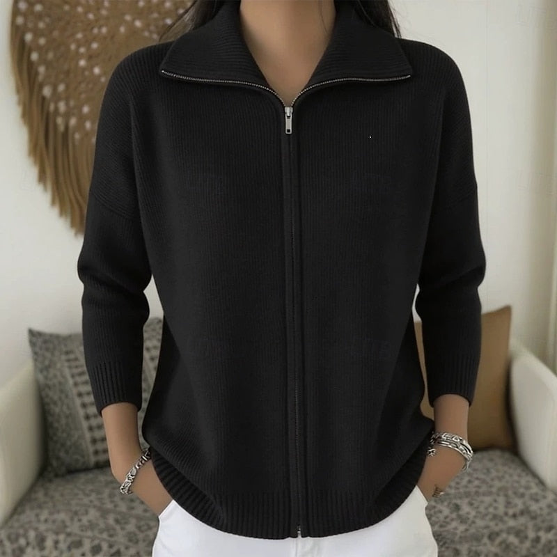 Zip Cardigan Knitted Women's Pink Stand Collar Long Sleeve – Casual, Office Layering Everyday Wear