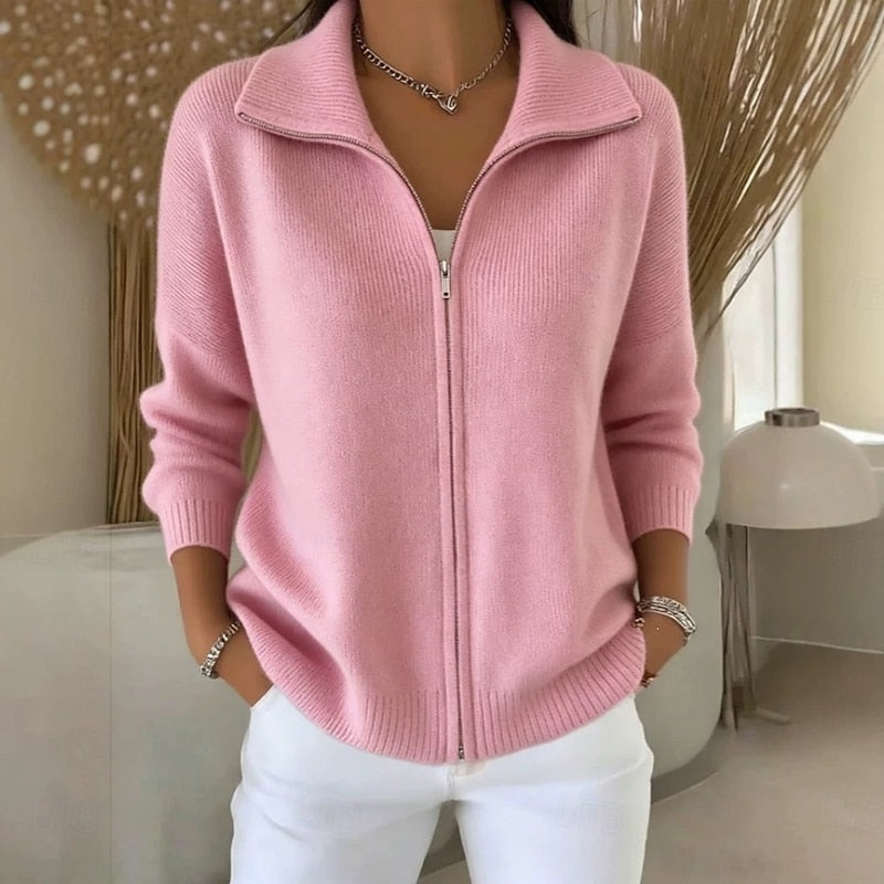 Zip Cardigan Knitted Women's Pink Stand Collar Long Sleeve – Casual, Office Layering Everyday Wear