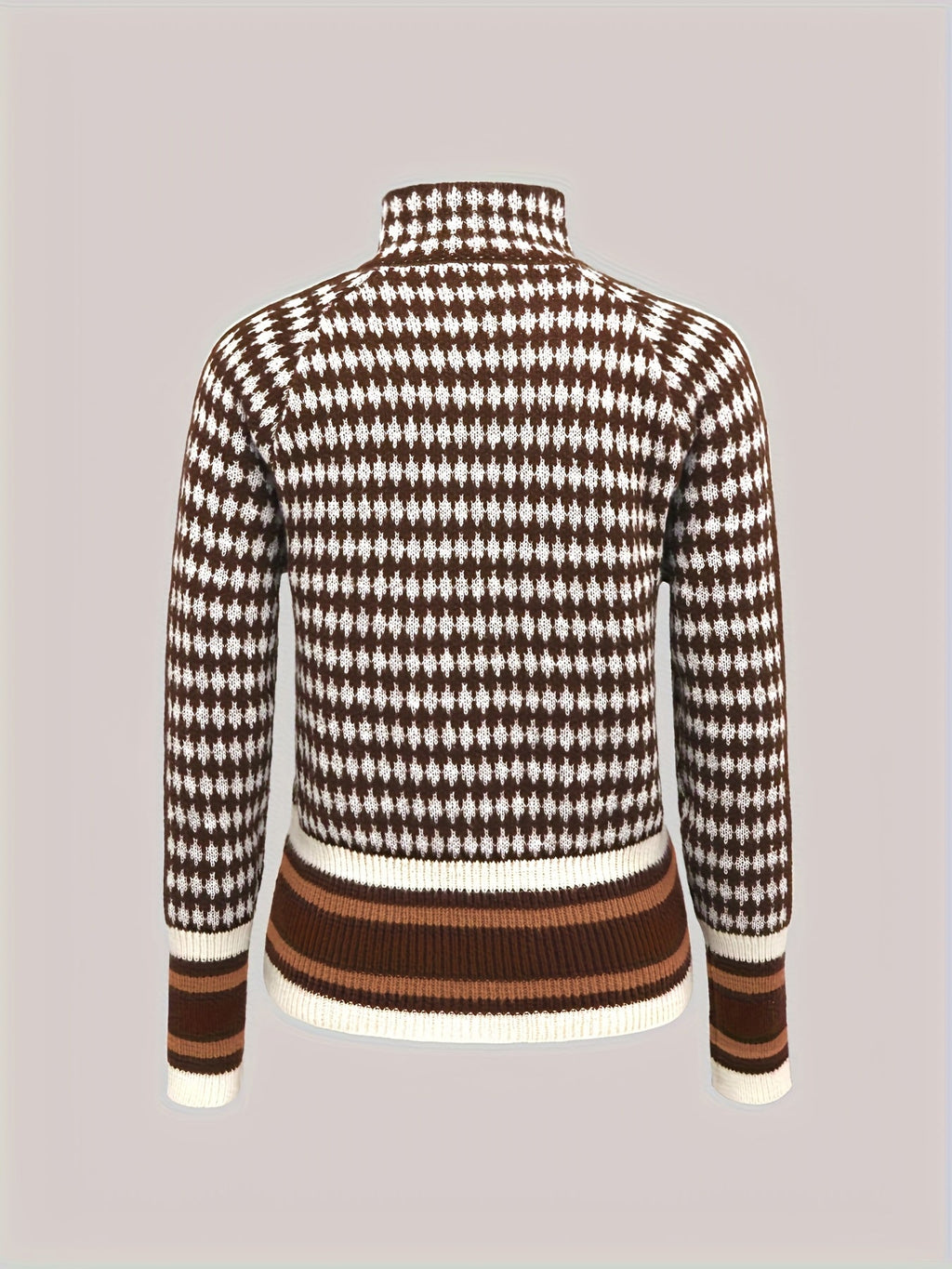 Zip-Front Cardigan Knitted Houndstooth Brown Women's Long Sleeve – Casual, Office, Holiday, Gift