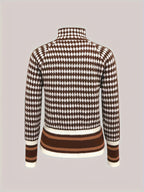 Zip-Front Cardigan Knitted Houndstooth Brown Women's Long Sleeve – Casual, Office, Holiday, Gift