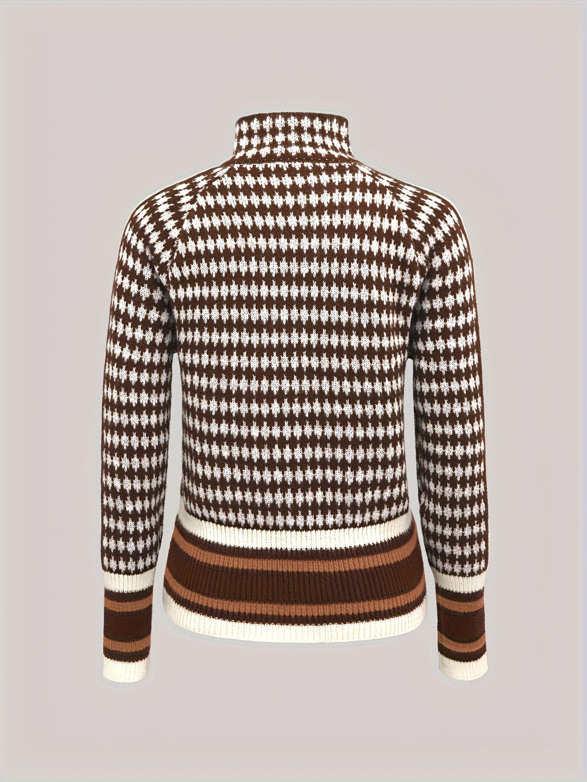 Zip-Front Cardigan Knitted Houndstooth Brown Women's Long Sleeve – Casual, Office, Holiday, Gift