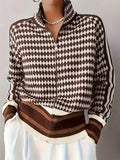 Zip-Front Cardigan Knitted Houndstooth Brown Women's Long Sleeve – Casual, Office, Holiday, Gift