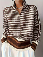 Zip-Front Cardigan Knitted Houndstooth Brown Women's Long Sleeve – Casual, Office, Holiday, Gift